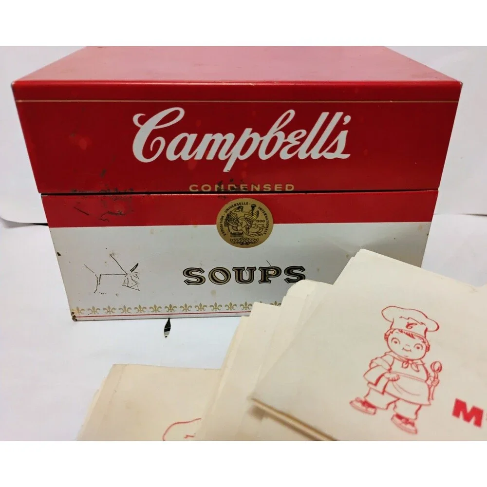 Vintage Campbell's Soup Recipe Box Metal Tin storage With Recipe Cards Vtg
